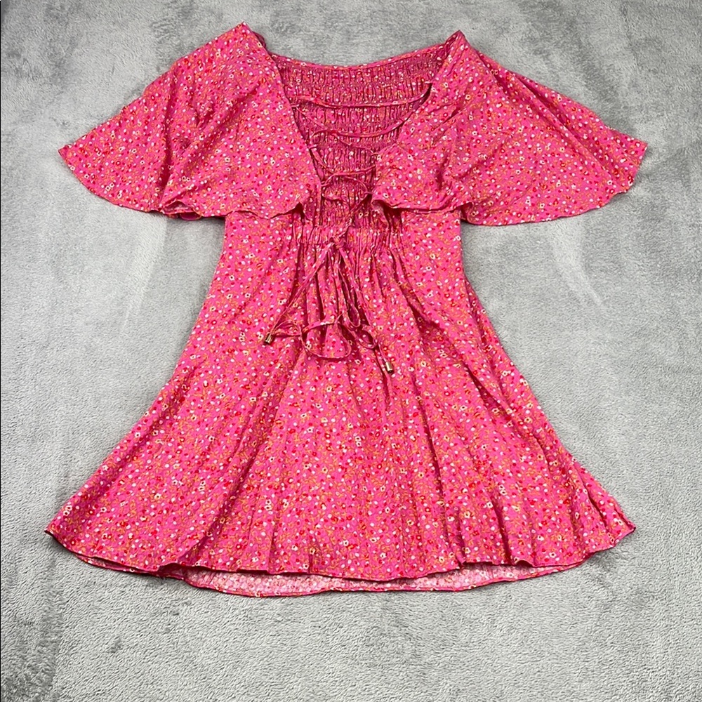 Free People XS Pink Floral‎ Florence Smocked Mini Dress Lace Up